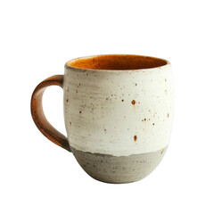 A white and brown mug with a brown handle