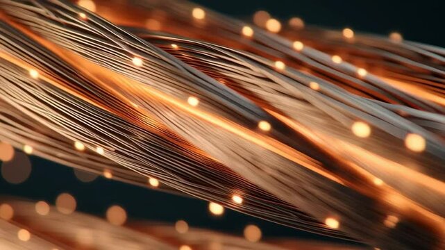 Close-Up of Glowing Copper Power Cable Strands in Abstract Light Background