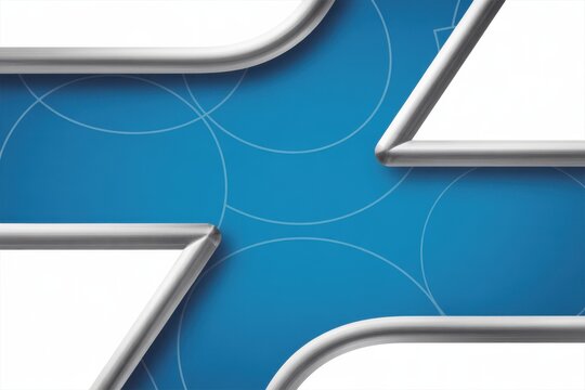 Abstract blue background with intersecting silver metallic pipes and subtle circular line patterns creating a modern design