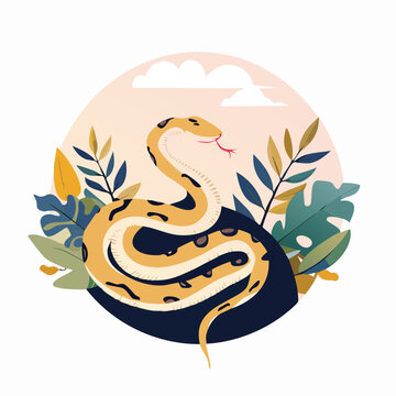 Ball Python Flat Vector Illustration Featuring Serene Nature Elements.