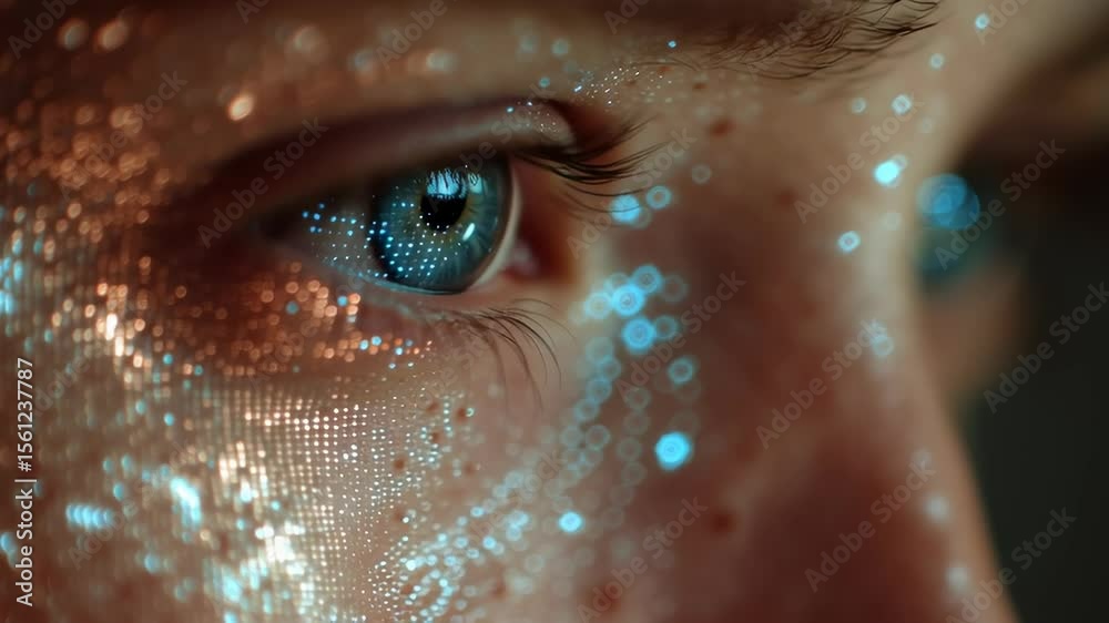 Poster close-up of a human eye with fragmented data visualization and ai interface elements