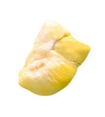 Yellow pulp of ripe durian fruit in stack without peel isolated on white background with clipping path