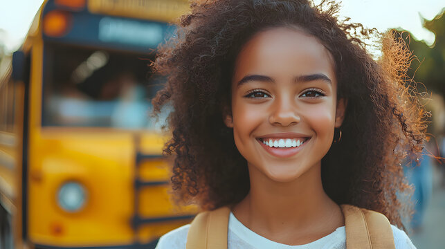 Happy black girl with backpack in front of yellow school bus on sunny day. Concept of back to school