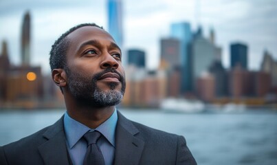 Suited against gazing at urban sunset, reflecting on career aspirations and personal growth metropolitan dramatic professional backdrop