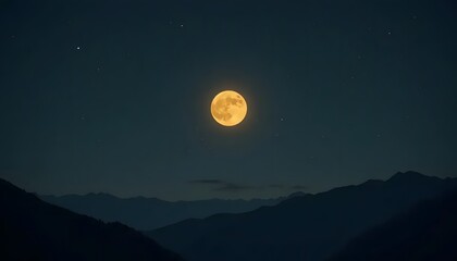 Obraz premium Faint Yellow Full Moon Above Dark Mountain Silhouette