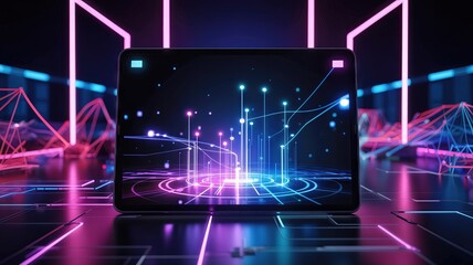 Futuristic digital interface with neon lights and glowing holographic technology display screen