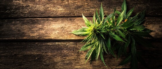Naklejka premium The lush cannabis leaves on a rustic wooden background highlighting natural beauty.