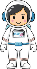 Cartoon illustration of a girl astronaut in a spacesuit, smiling and standing.