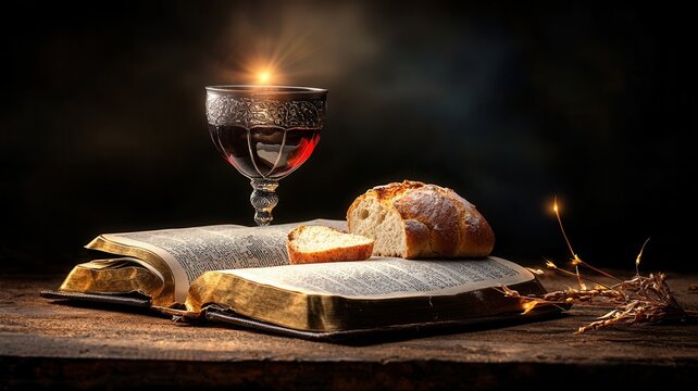 Silver chalice holding red wine communion open bible and bread, representing sacred religious ritual of beside on rustic wooden surface