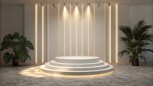 Modern minimalist stage with tiered podium and vertical lighting accents flanked by tropical plants