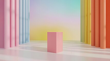 Colorful 3d geometric space with pink column and pastel gradient background in modern interior design