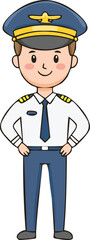 A cartoon pilot stands with hands on hips, wearing a uniform and hat.
