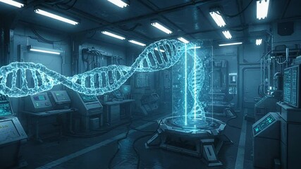 Futuristic lab with DNA strand and glowing technology - Powered by Adobe
