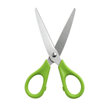 Green scissors in flat lay arrangement on white background for crafting and diy projects