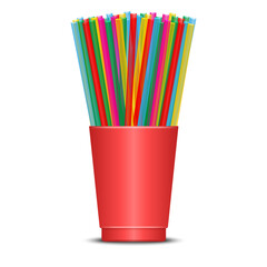 Many plastic drinking straws in a red cup isolated on white realistic 3d vector front view, vibrant assortment of colorful bar utensil, party accessory, celebration, and cocktails beverage.