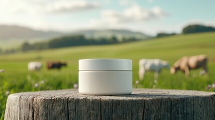 Open a of beef tallow cream sits on jar tree stump in a pasture with cows grazing, highlighting natural skincare solutions