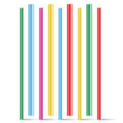 Bright vertical arrangement of colorful plastic 3d vector drinking straws with realistic transparency and glossy surface, representing beverage utensils, party supplies isolated on white background.