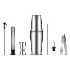 Stainless steel bartender tools kit: boston shaker, jigger, mixing spoon, muddler, pourer, metallic straw, ice tongs front view isolated on white realistic 3d vector objects set for cocktail mixing.