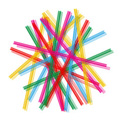 Colorful plastic straws randomly scattered in abstract pile formation 3d vector objects, beverage waste, party supplies, environmental concept with overlapping translucent tubes on white background.
