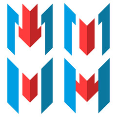 Set of abstract letter M logo with upward and downward arrows reflecting financial growth, trading risks, market volatility, banking performance and investment movement in minimal 3d geometric style.