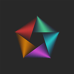 Pentagon logo abstract geometric vortex from glowing colorful stripes forming pentagonal shape on dark background, dynamic futuristic thin lines design, digital branding, web, creative visual identity