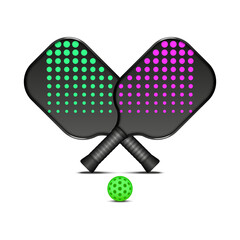 Crossed pickleball black rackets sports equipment with neon green and magenta dot patterns and green ball, isolated realistic 3d vector objects for active lifestyle, team game, paddle sports poster.