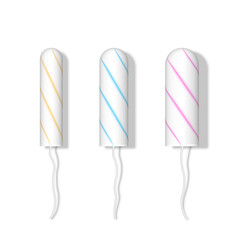 Three different tampon sizes top view isolated on white background realistic 3d vector illustration, color-coded spiral patterns for different absorbency levels, for feminine hygiene care.