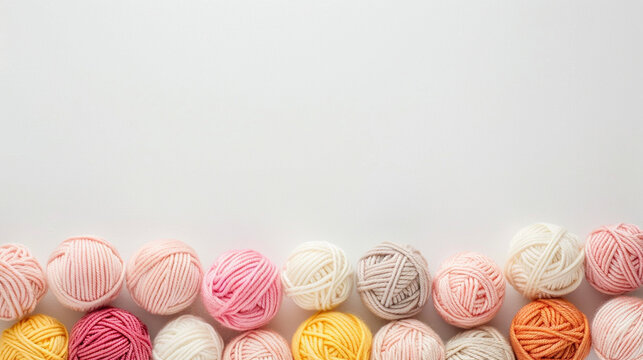 Minimal flat lay with soft yarn balls in pastel pink, cream yellow, and beige placed below with bright top space left empty, cozy and simple layout for crafting, branding, or template designs