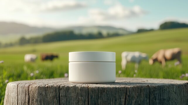 Open a of beef tallow cream sits on jar tree stump in a pasture with cows grazing, highlighting natural skincare solutions