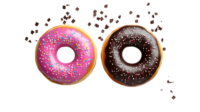 Title: Delicious Two Chocolate Donuts Isolated on White Background with Tasty Dessert Aesthetic