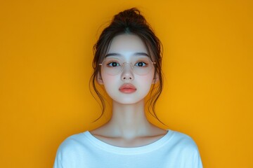 Asian teenager in a white casual shirt, shy and isolated on a yellow background in a studio setting, Generative AI