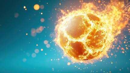 Fiery soaring, ball in engulfed soccer flames against teal backdrop, sparking dynamic sports imagery