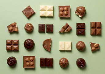 Assorted Chocolates Flat Lay on Green Background | Chocolate Candy Selection for Valentine's Day Gift, Dessert, and Food Blog