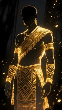Traditional Male Costume Series : Noken from Asmat tribe, Indonesia, a splendid and beautiful illustration with dark background and golden light particles outline 003