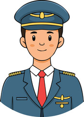 A smiling cartoon pilot in a blue uniform, wearing a cap and a red tie.