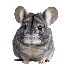 A small gray and white mouse with black eyes