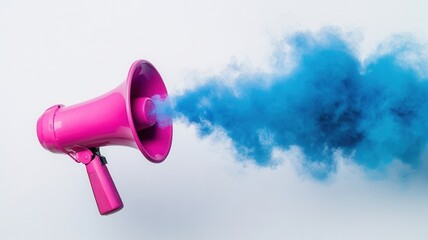 Vibrant pink megaphone projecting blue smoke plume, symbolizing bold communication against clean white backdrop