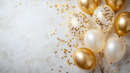 Golden balloons drifting, confetti swirling against soft beige celebration generating jubilant backdrop, mood for festive event graphics