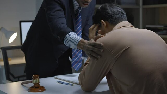 Empathetic lawyer providing emotional support and professional guidance to distressed client following challenging legal update in office setting