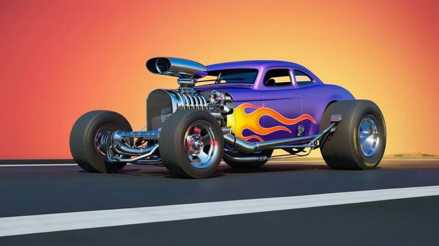 Custom Hot Rod Car with Flame Design and Exposed Engine on Colorful Background