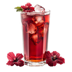 A glass of red drink with ice cubes and a flower on the side