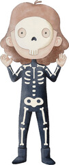 Cute watercolor PNG illustration of kid in skeleton Halloween costume with transparent background