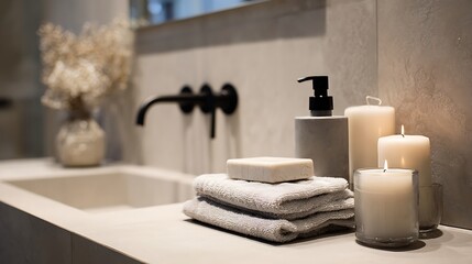 Soap dispenser, towel and candle on white table in bathroom