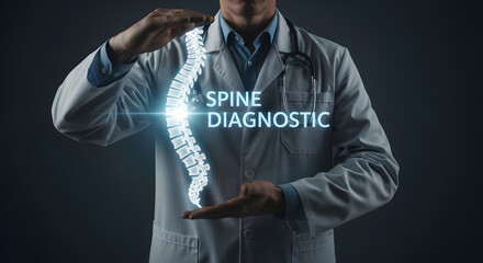 Doctor in white coat holding a glowing holographic spine with 'Spine Diagnostic' text, symbolizing advanced medical analysis