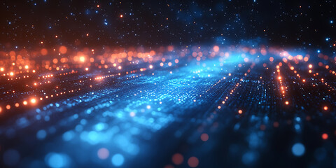 Digital data stream network with glowing particles representing futuristic technology and artificial intelligence concepts