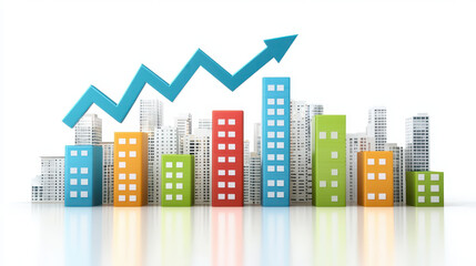 Obraz premium Economic growth chart with colorful buildings and upward arrow symbolizing progress and development