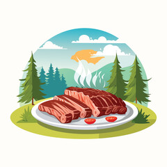 Naklejka premium BBQ Ribs Stylized Vector Design with Forest and Mountain Elements.