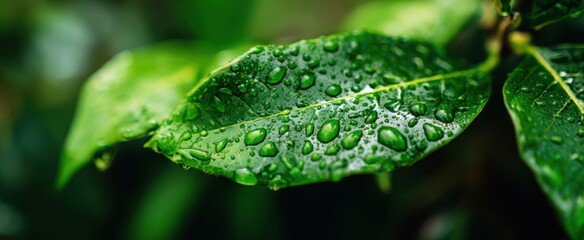 The vibrant green leaves adorned with glistening water droplets.