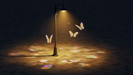 Colorful butterflies illuminated by streetlight at night