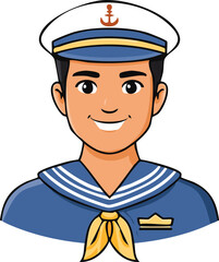 Cartoon illustration of a smiling sailor man in a navy uniform.